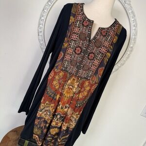 Soft Surroundings Blouse Top Womens Black Orange Embroidered Stretch Patchwork M